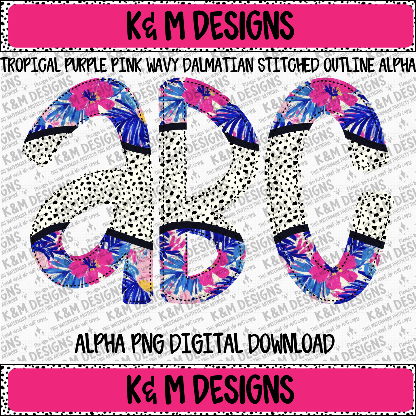 Tropical Purple Pink Wavy Dalmatian Stitched Outline Alpha PNG Set Digital Download