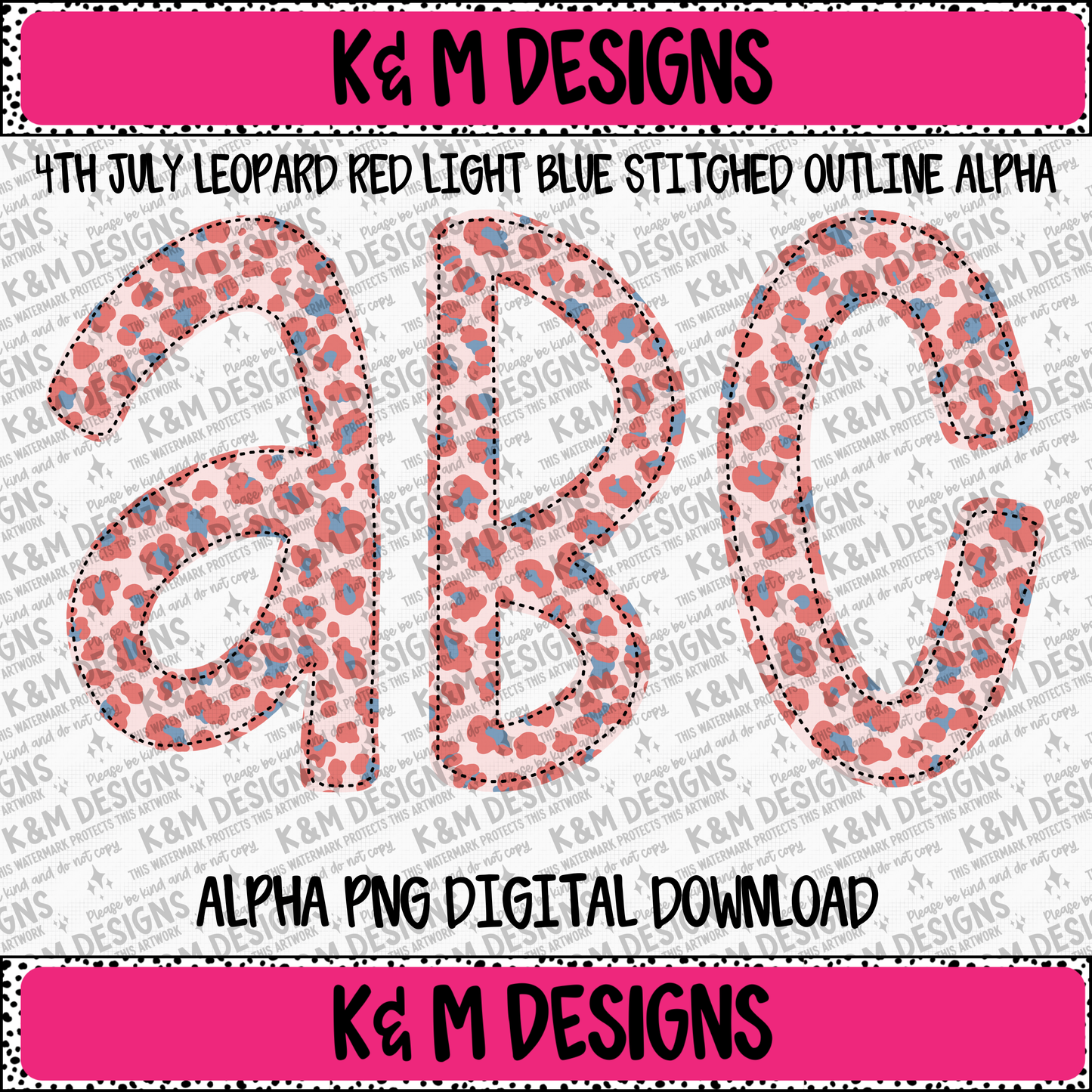 4th July Leopard Red Light Blue Stitched Outline Alpha PNG Set Digital Download