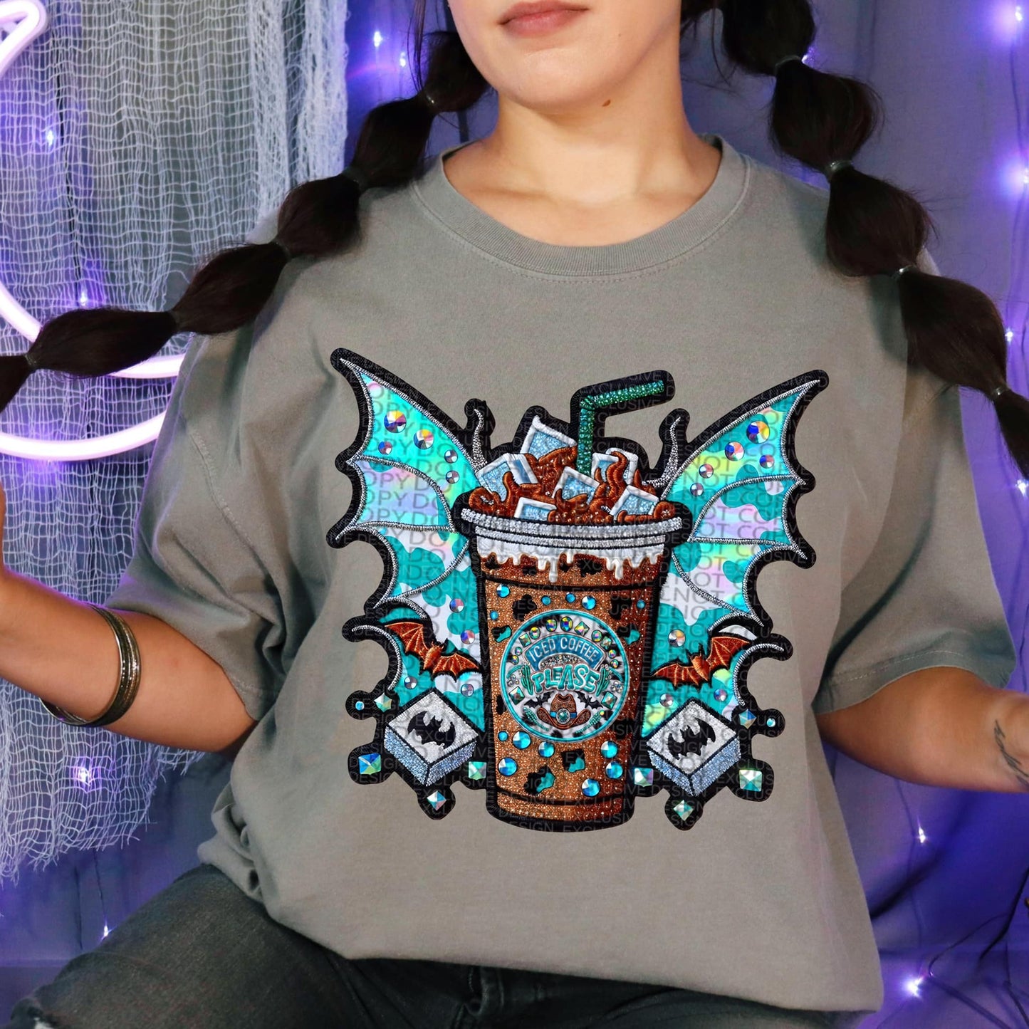 Iced Coffee Please Bat Wings Rhinestone DTF Transfer