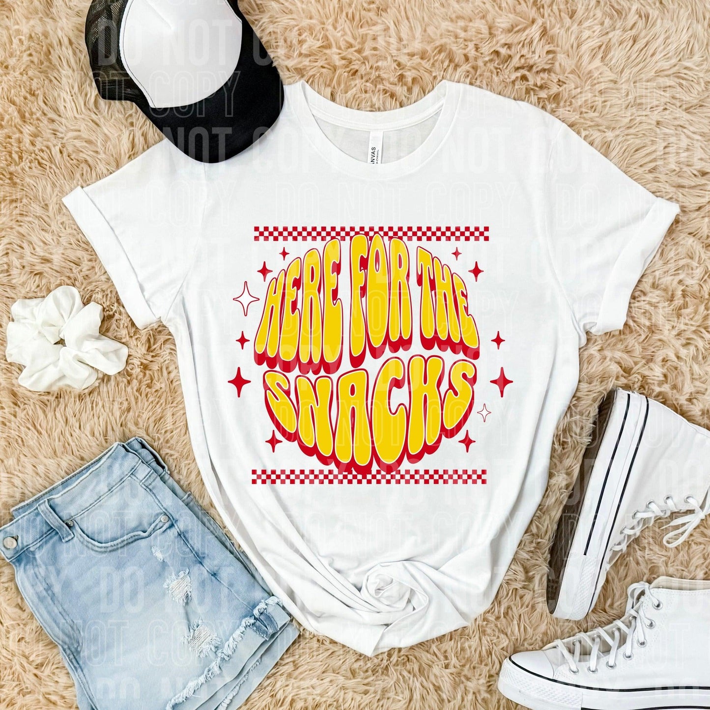 Here For The Snacks Checker Yellow Red DTF Transfer