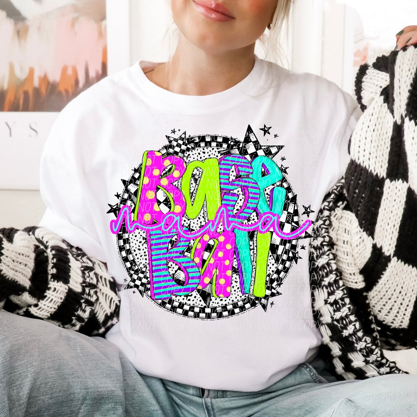 Baseball Mama Neon Checker DTF Transfer