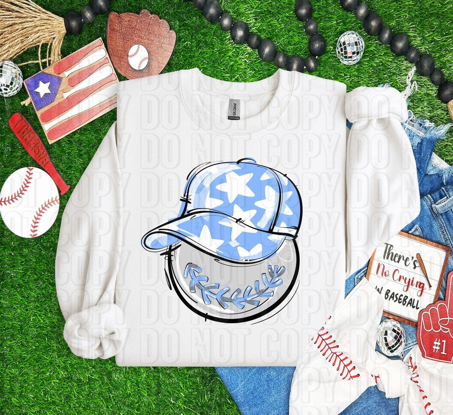 Baseball Happy Face Columbia Blue DTF Transfer