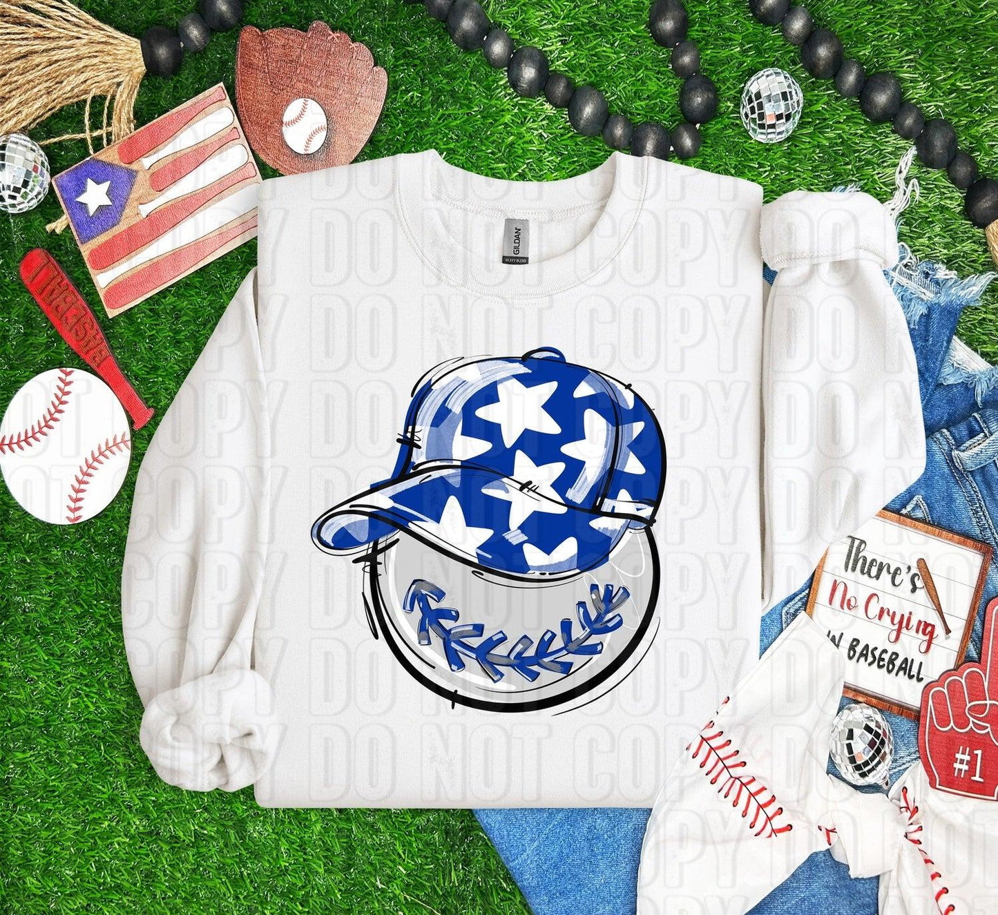 Baseball Happy Face Blue DTF Transfer