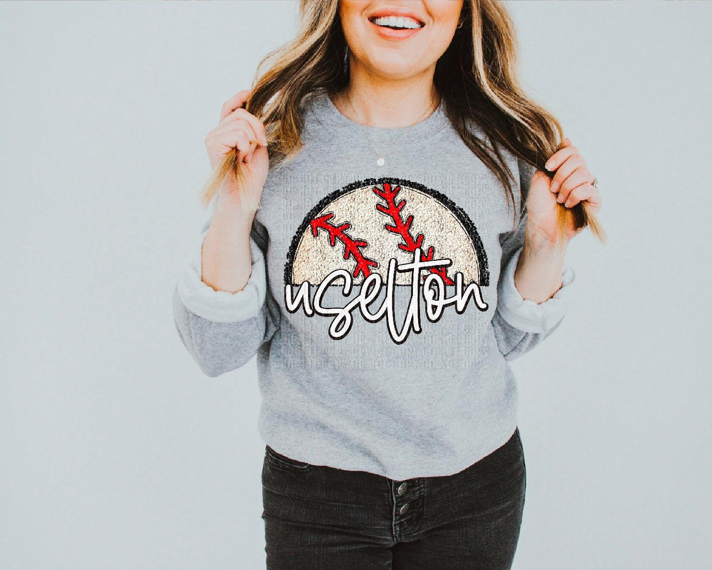 Uselton White Half Baseball Sequined Faux DTF Transfer