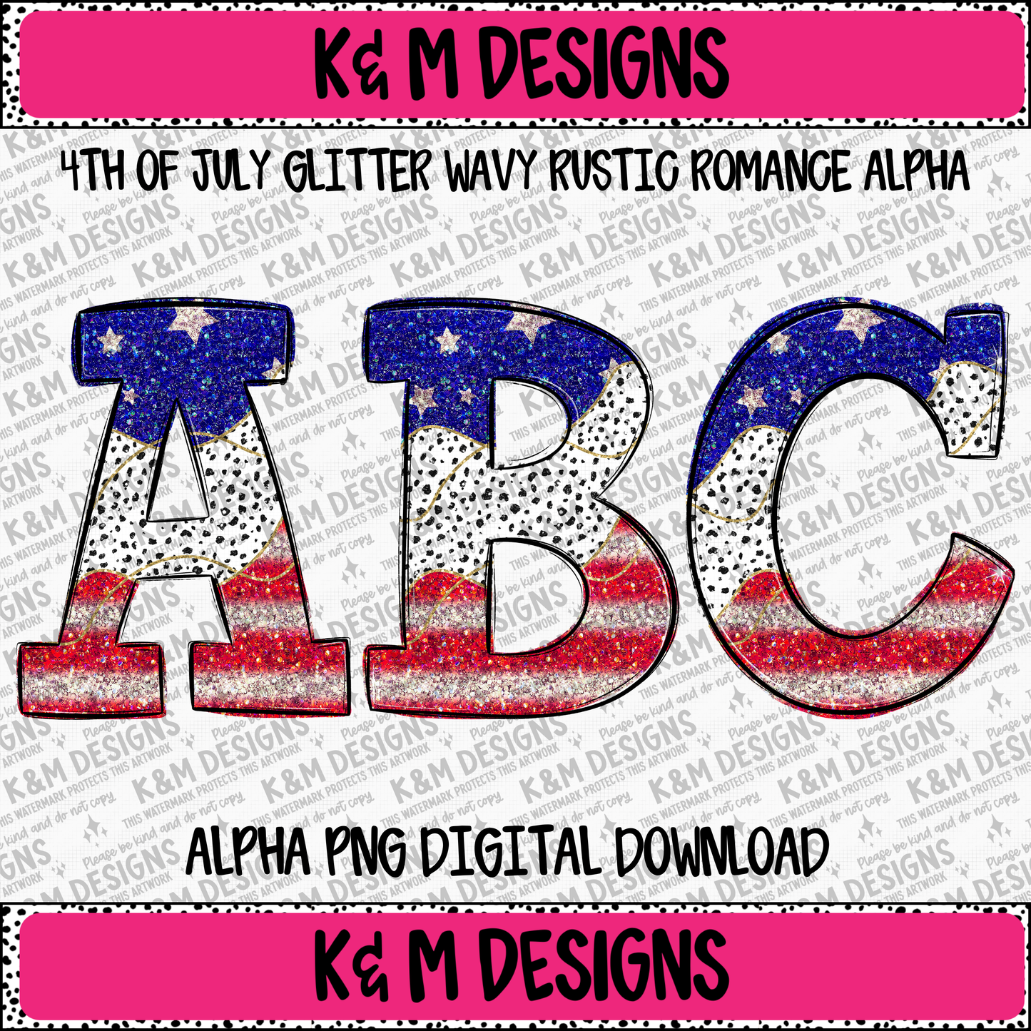 4th Of July Glitter Wavy Rustic Romance Alpha PNG Set Digital Download