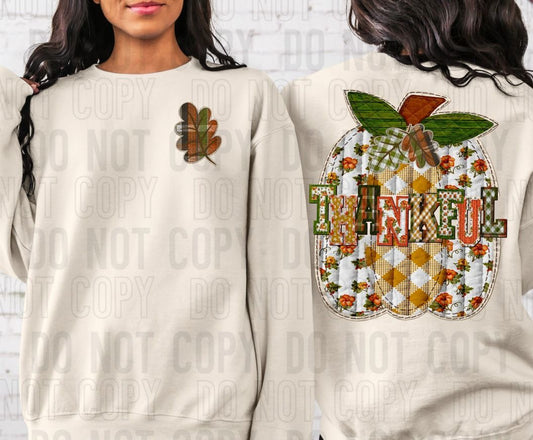 Thankful Quilted Pumpkin/Leaf Front/Back DTF Transfer