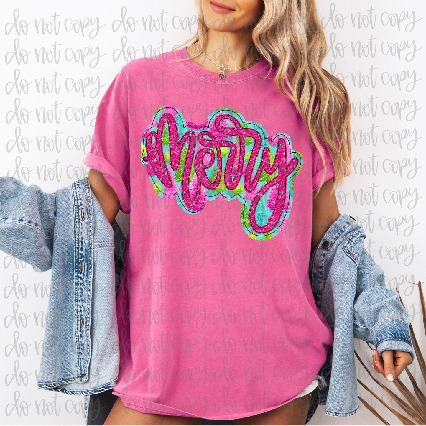 Merry Pink & Green Applique Faux DTF Transfer