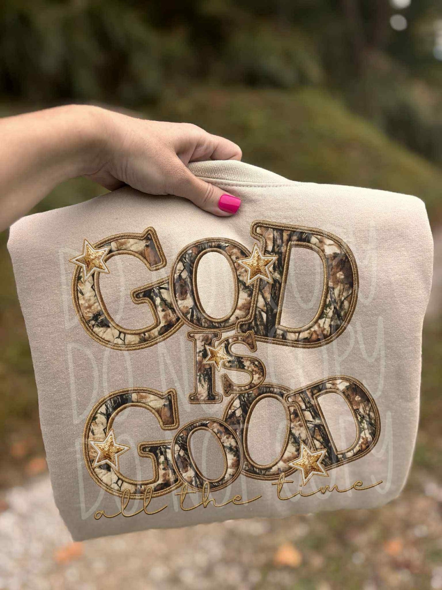 God Is Good All The Time Camo Embroidery Faux DTF Transfer