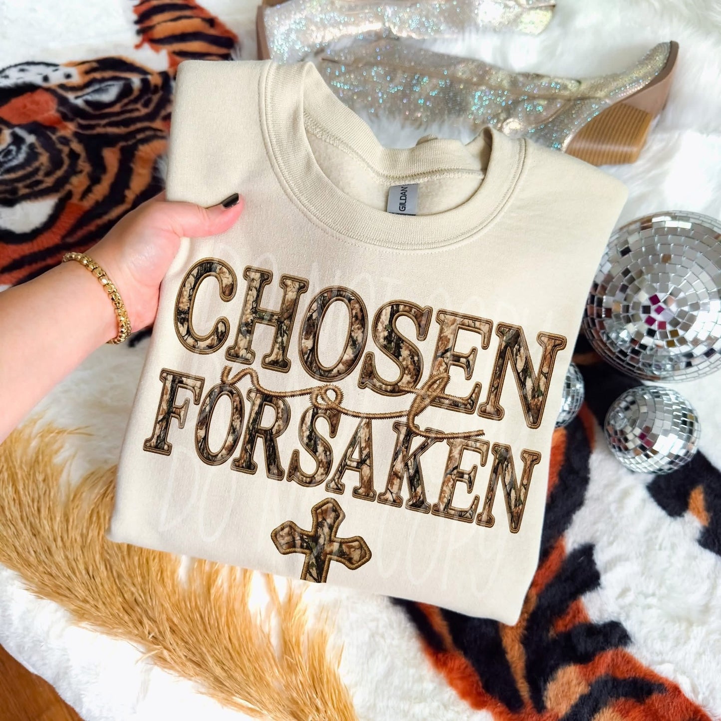 Chosen Not Forsaken Camo Embroidery Faux DTF Transfer