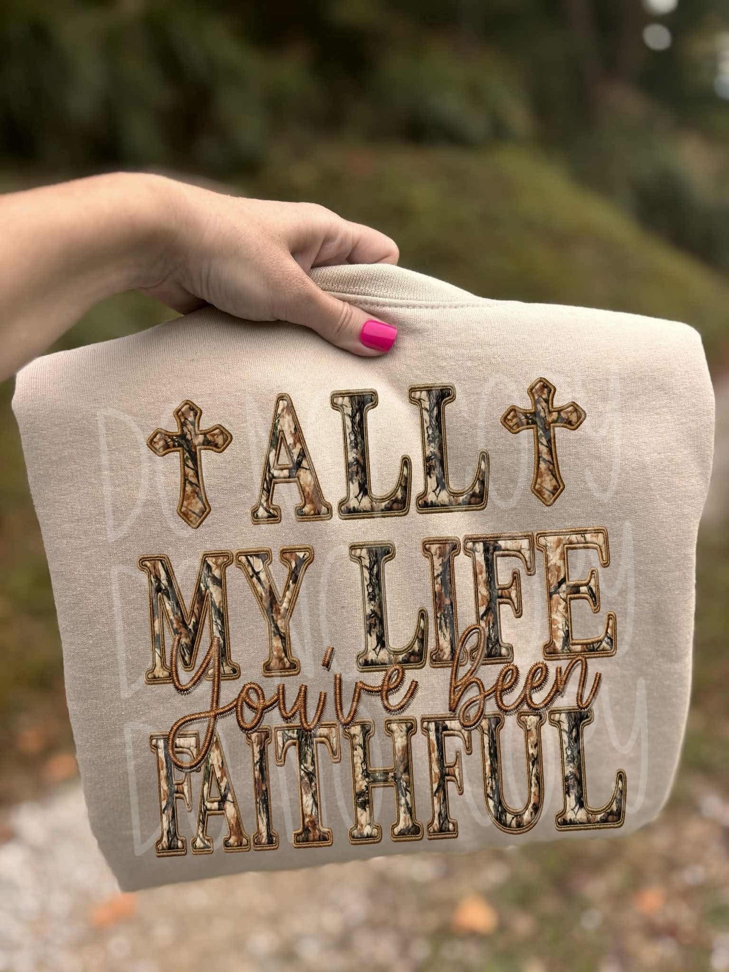 All My Life Camo Embroidery Faux DTF Transfer