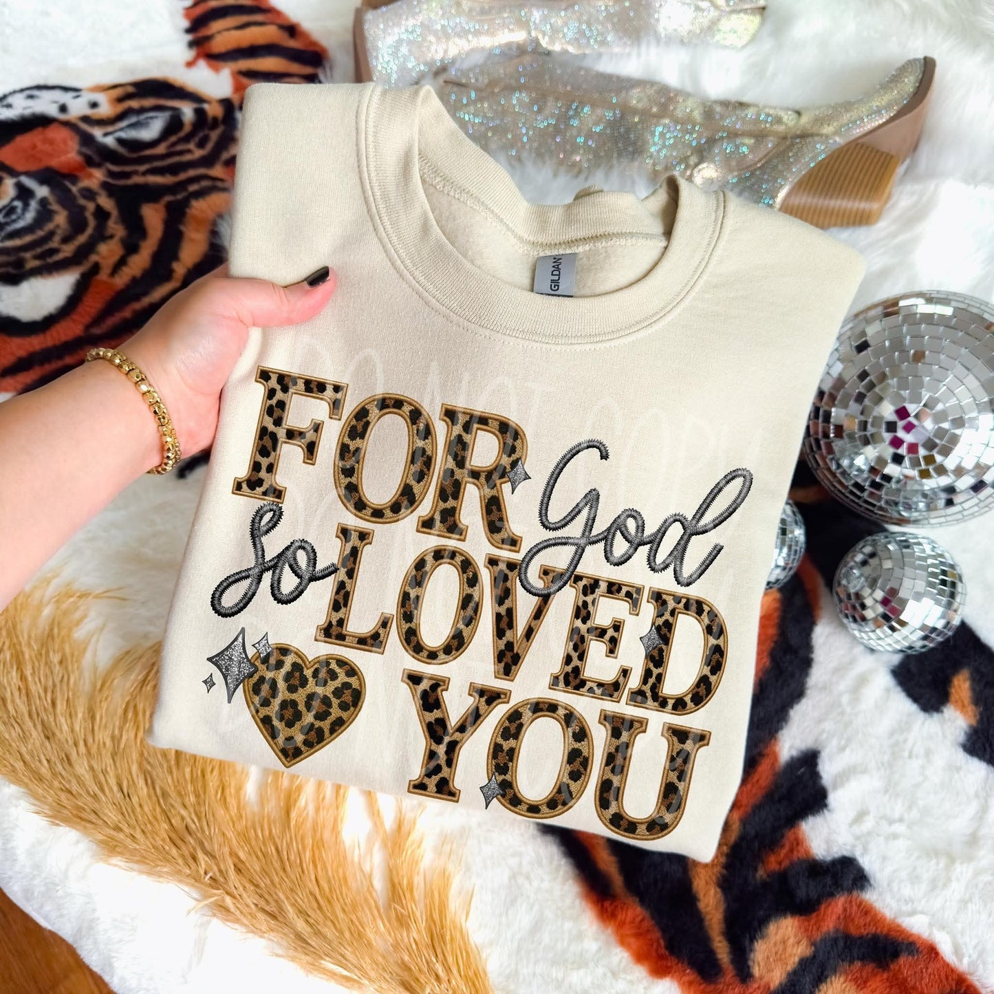 For God So Loved You Cheetah Embroidery Faux DTF Transfer