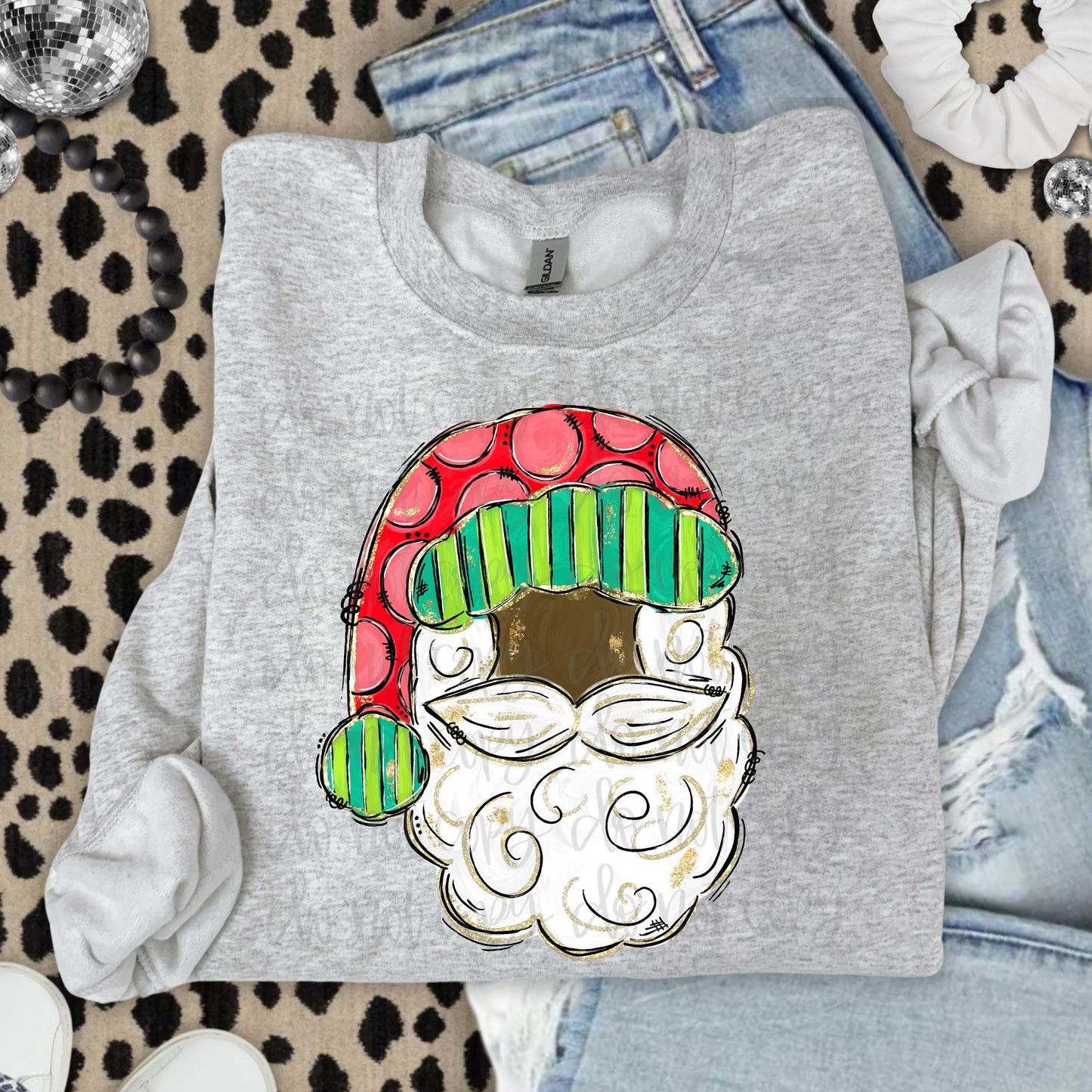 Dark Santa Green & Red Hat Gold Outline DTF Transfer