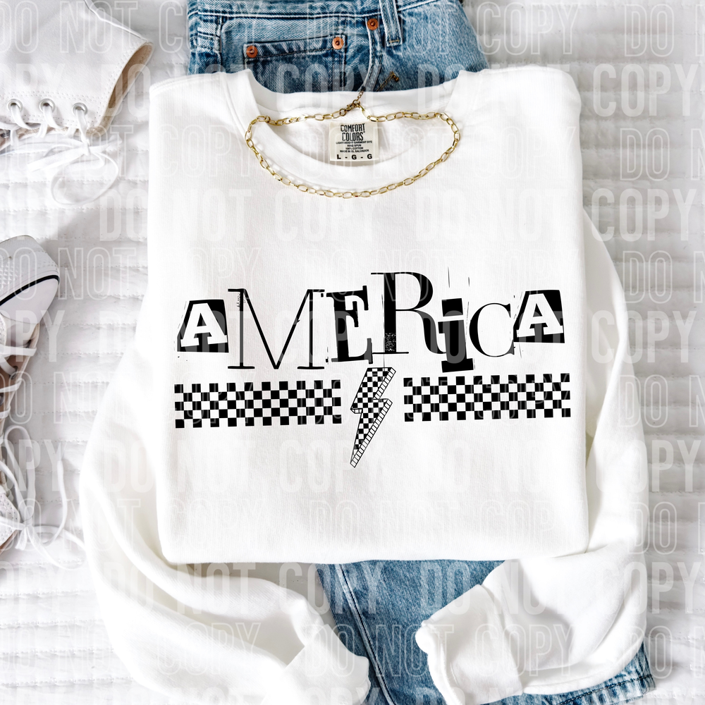 America Checkered Bolt Word DTF Transfer