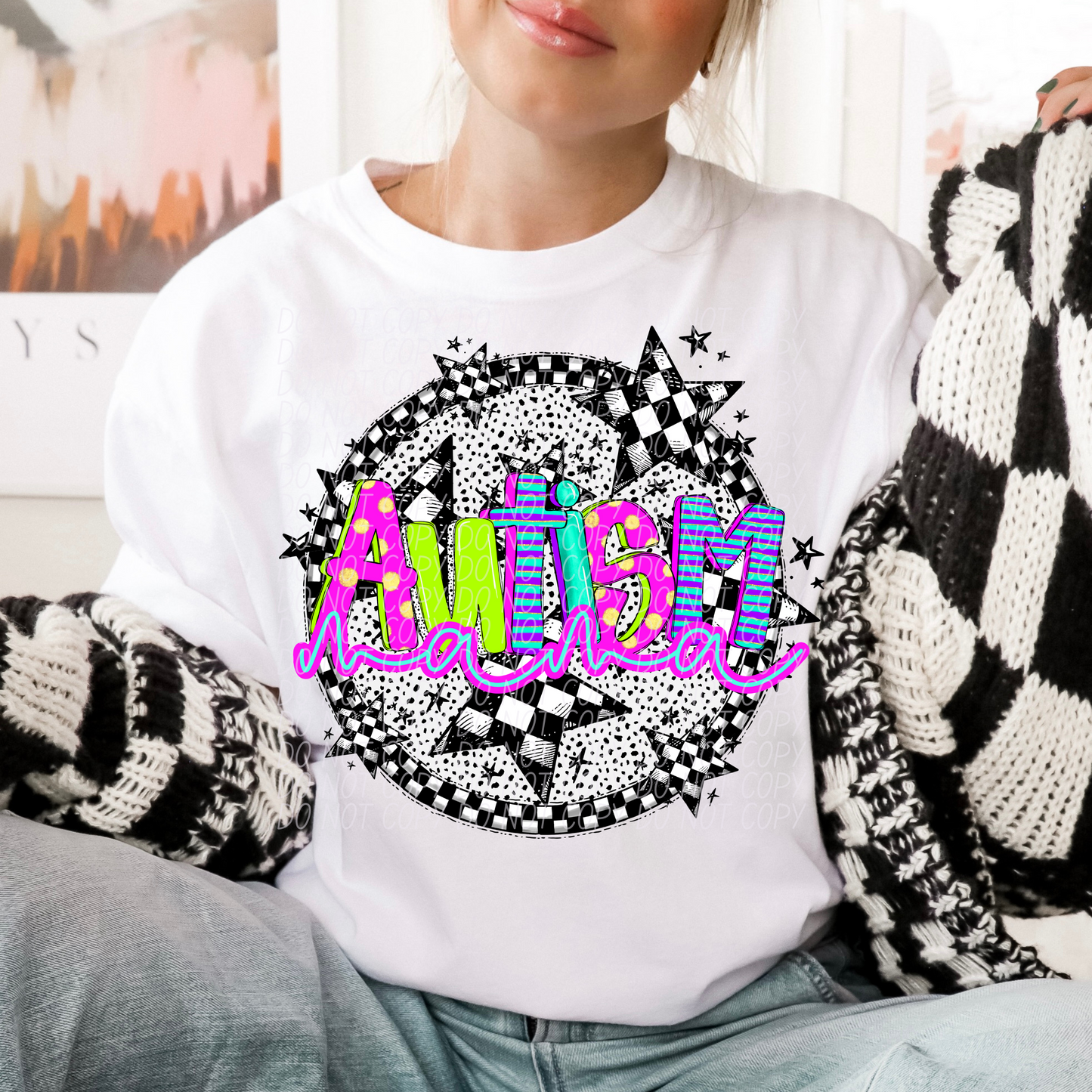 Autism Mama Neon Checker DTF Transfer
