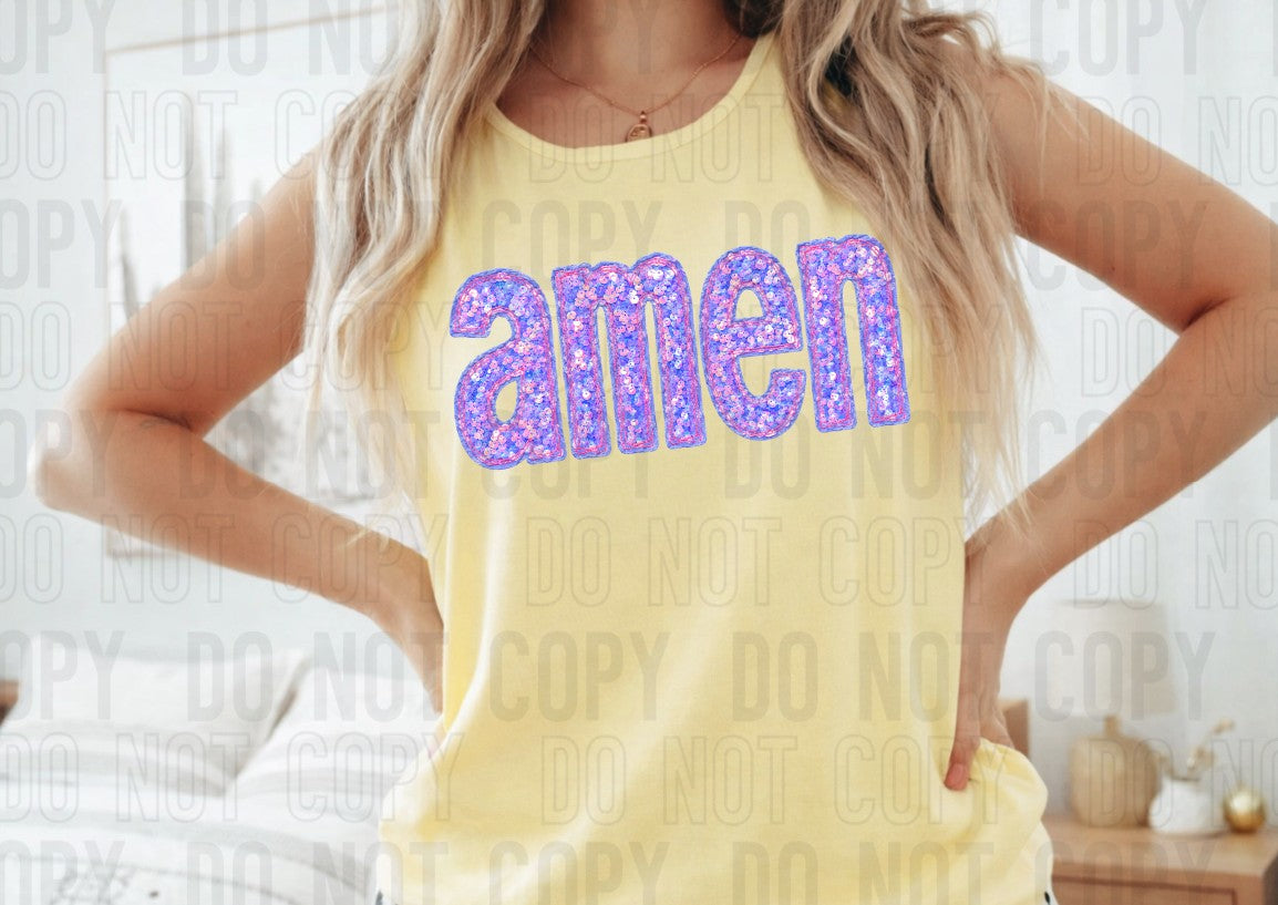 Amen Purple Sequin Embroidery Faux DTF Transfer