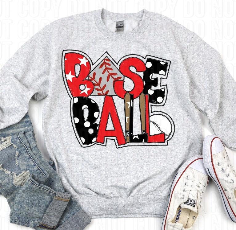 Baseball Word Art Red Black DTF Transfer