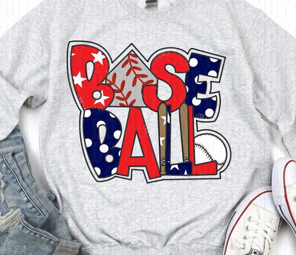 Baseball Word Art Red Navy DTF Transfer