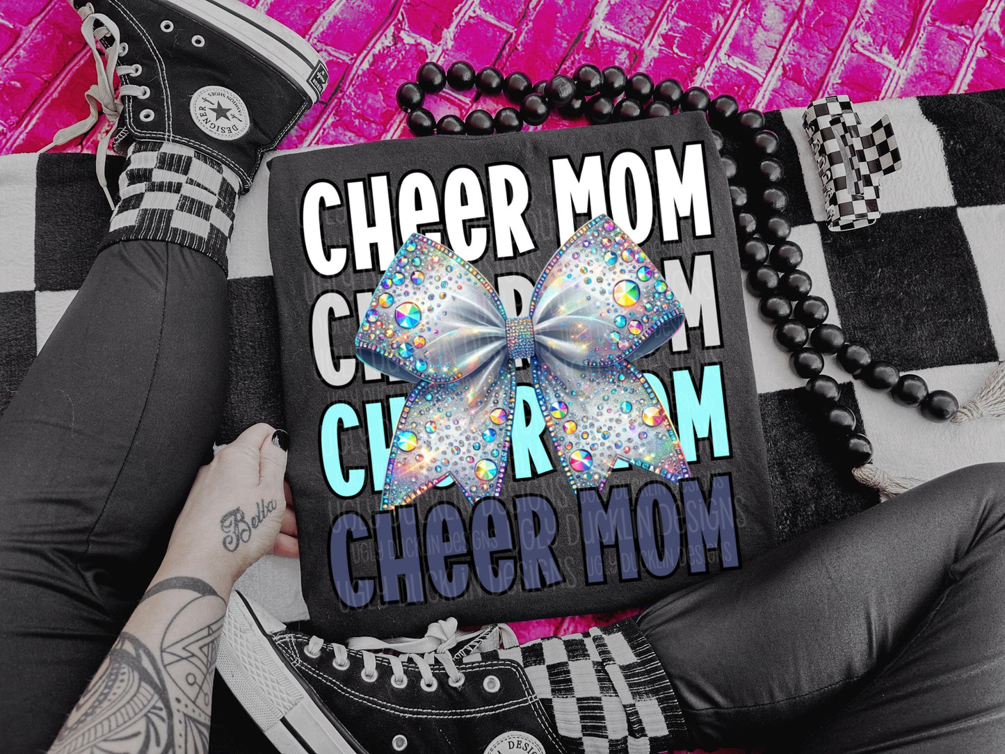 Cheer Mom Blue Stacked Bow DTF Transfer