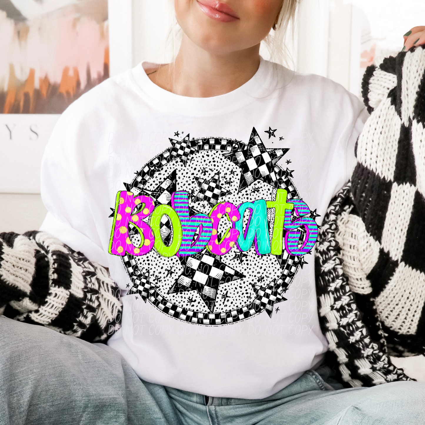 Bobcats Mascot Neon Checker DTF Transfer