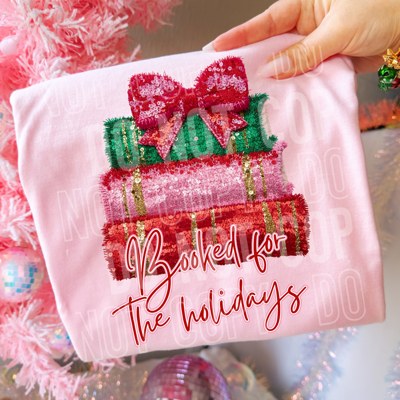 Booked For The Holidays Coquette Sequin Yarn Faux DTF Transfer