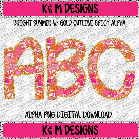 Bright Summer Floral W/ Gold Outline Spicy Alpha PNG Set Digital Download