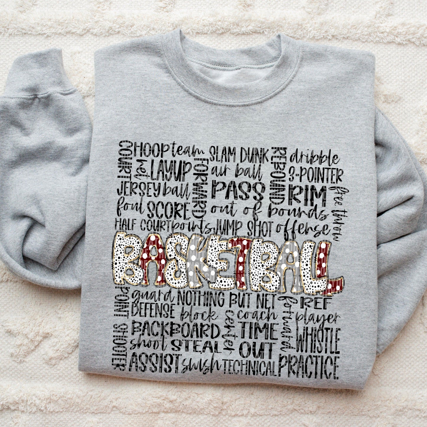 Basketball Doodle Word Art Maroon Grey DTF Transfer