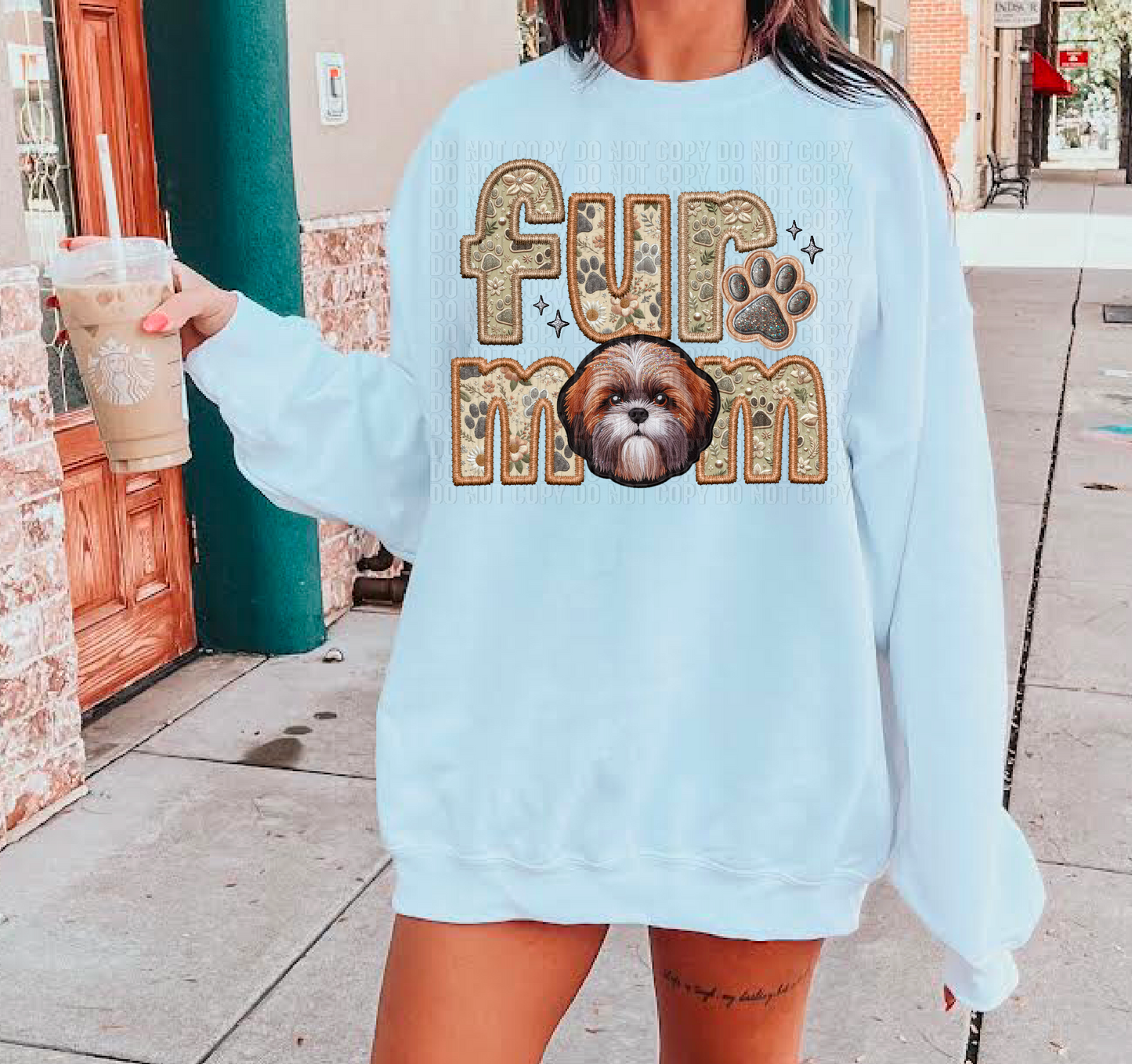 Brown Shihtzu Fur Mom Embroidery Faux DTF Transfer