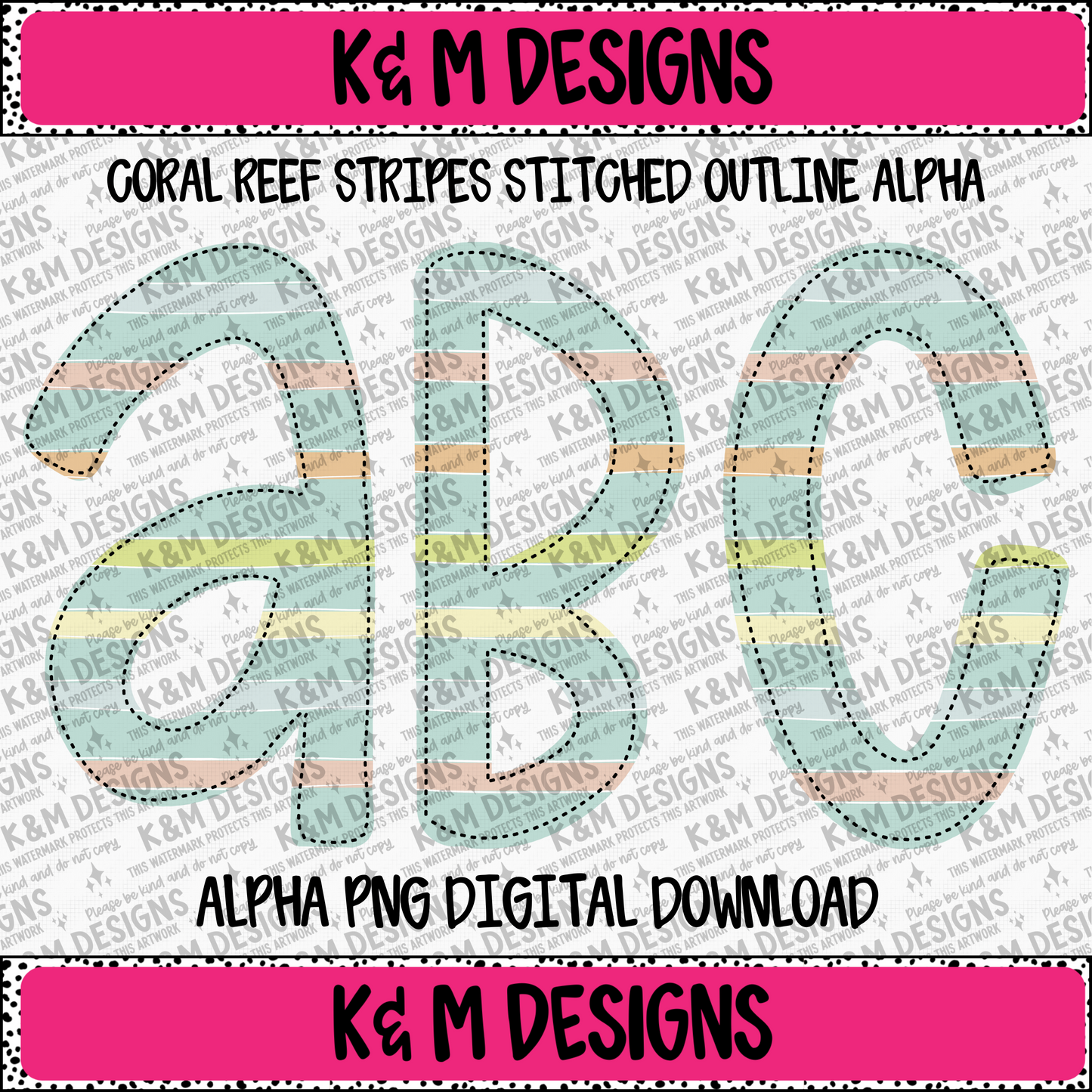 Coral Reef Stripes Stitched Outline Alpha PNG Set Digital Download