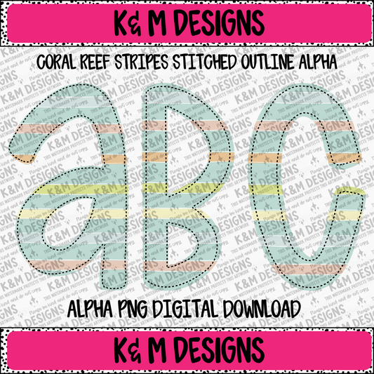 Coral Reef Stripes Stitched Outline Alpha PNG Set Digital Download