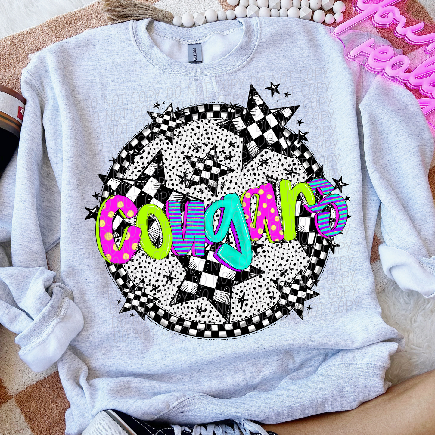 Cougars Mascot Neon Checker DTF Transfer