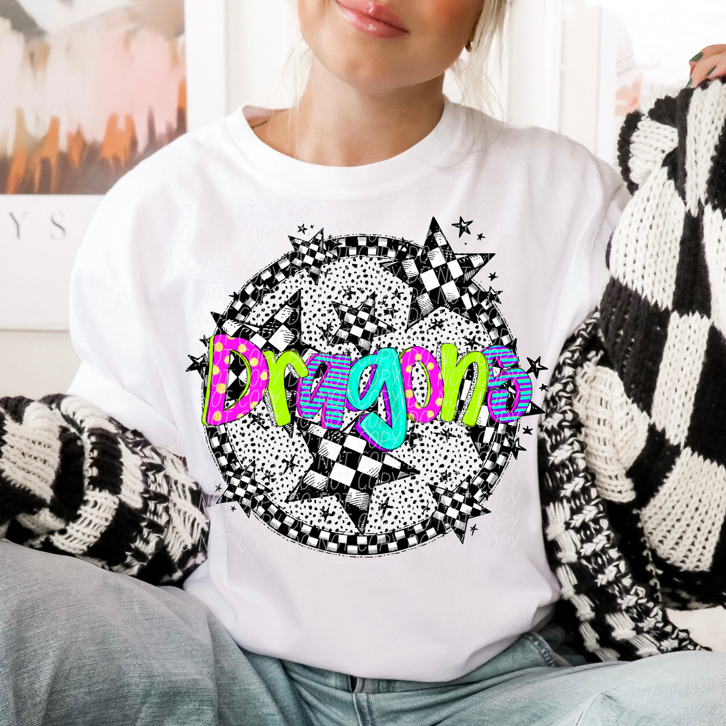 Dragons Mascot Neon Checker DTF Transfer