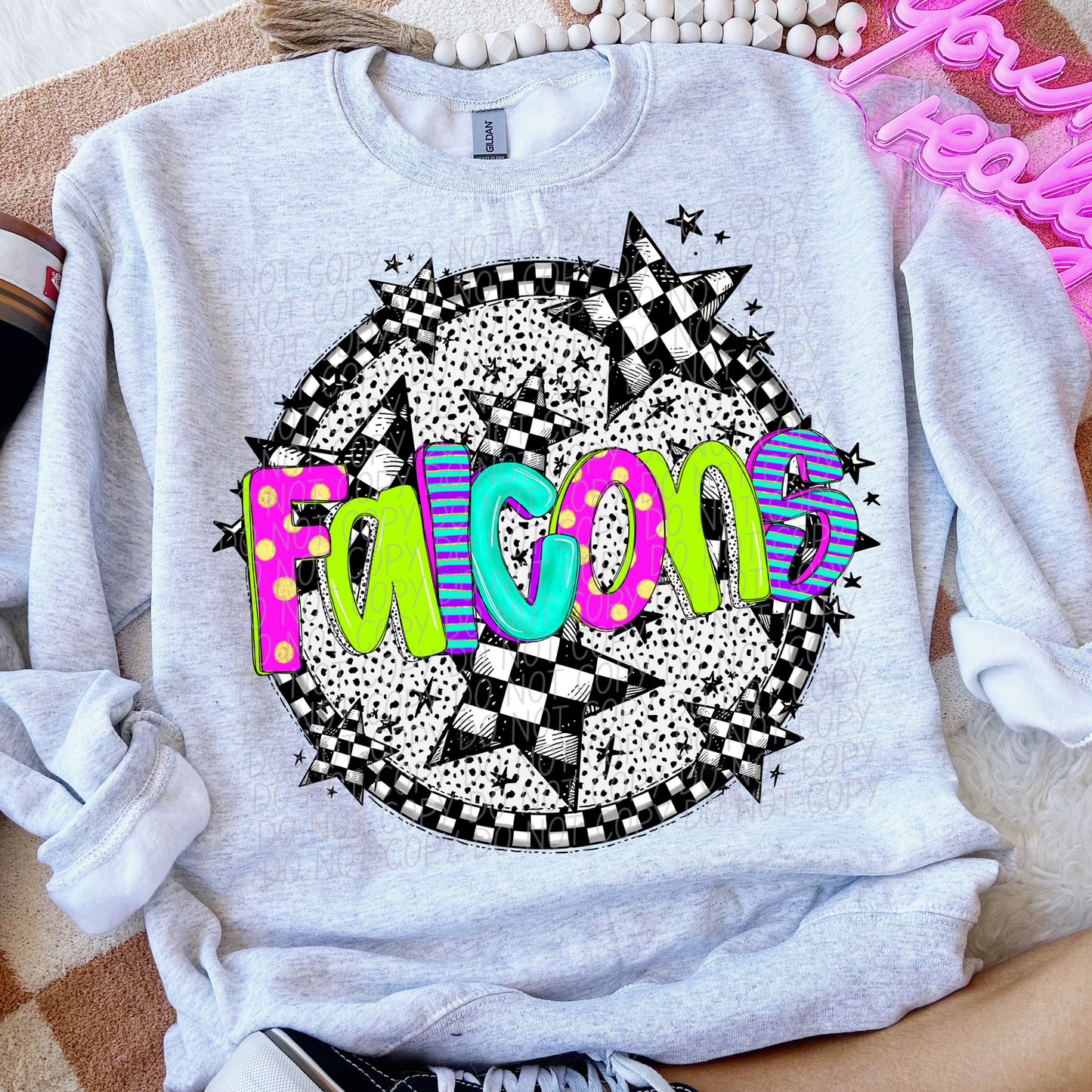 Falcons Mascot Neon Checker DTF Transfer