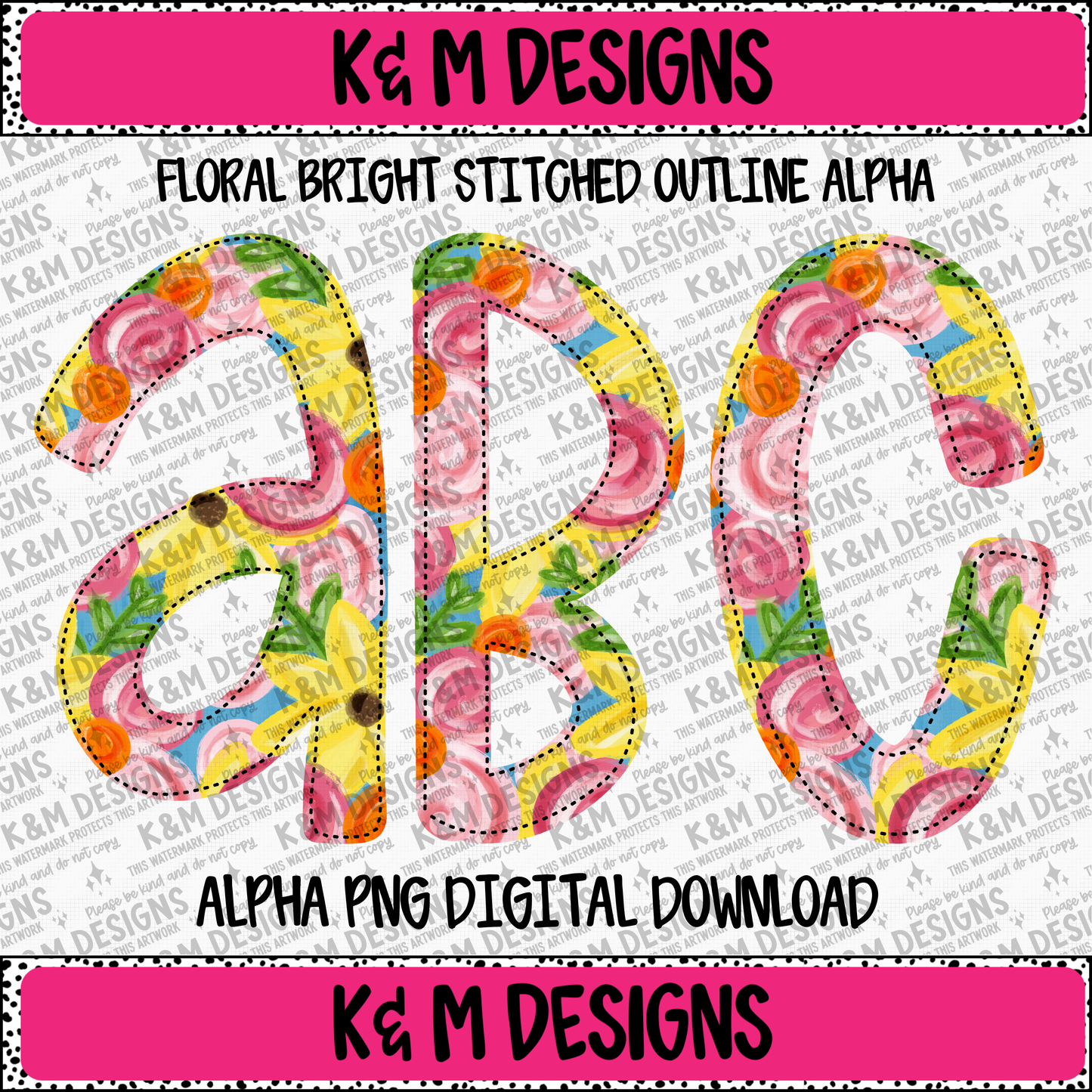 Floral Bright Stitched Outline Alpha PNG Set Digital Download