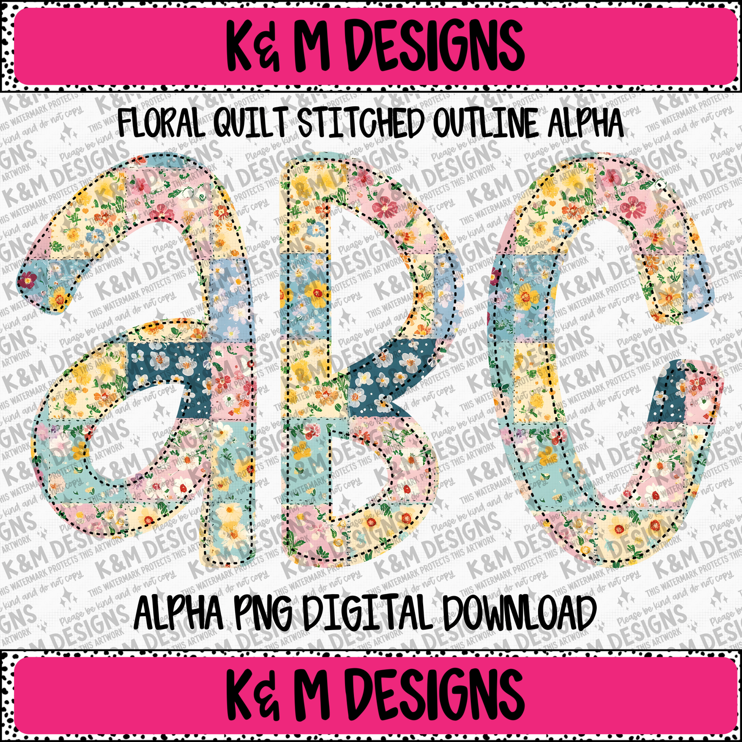 Floral Quilt Stitched Outline Alpha PNG Set Digital Download
