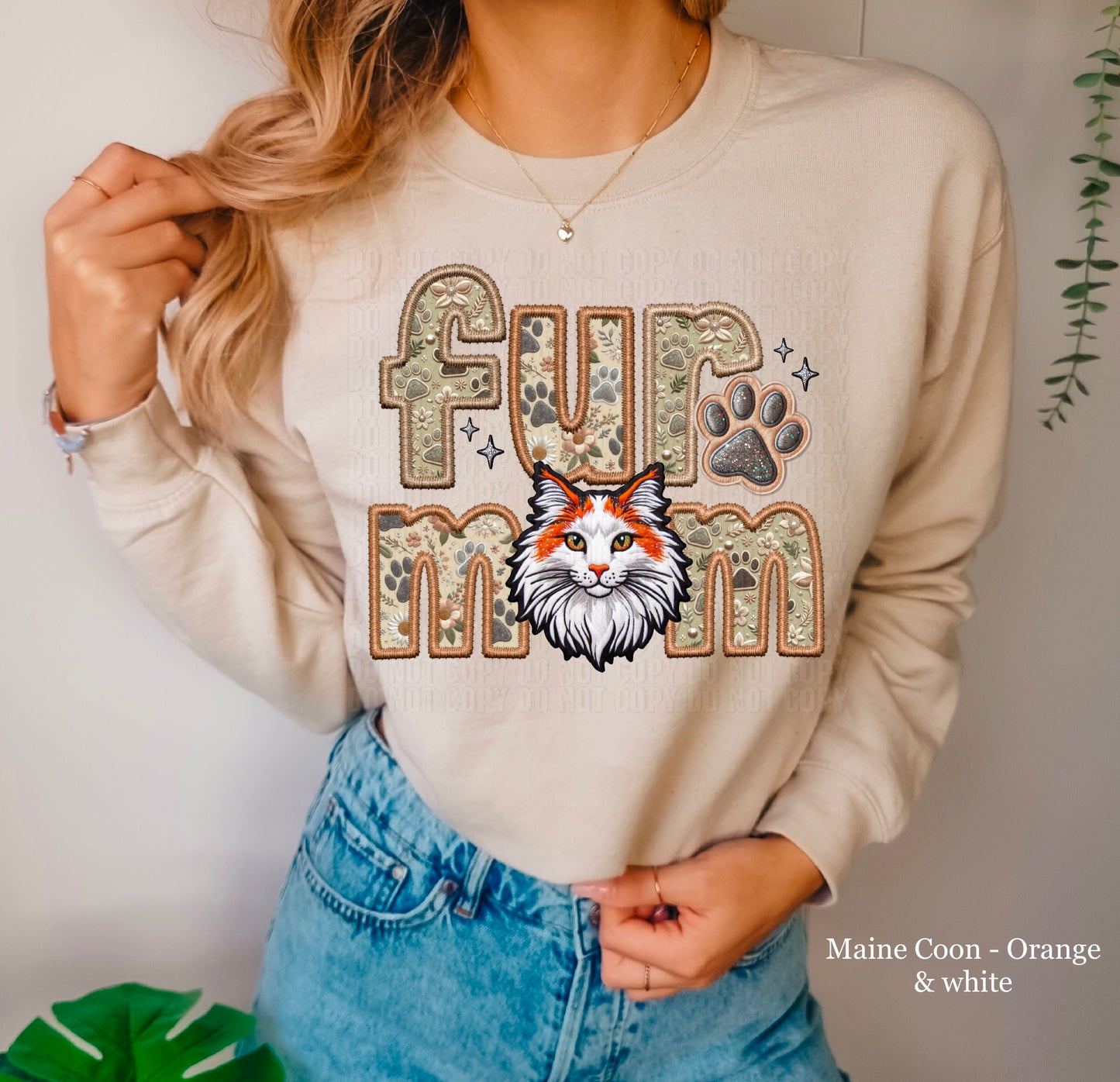 Maine Coon Orange/White Cat Fur Mom Embroidery Faux DTF Transfer
