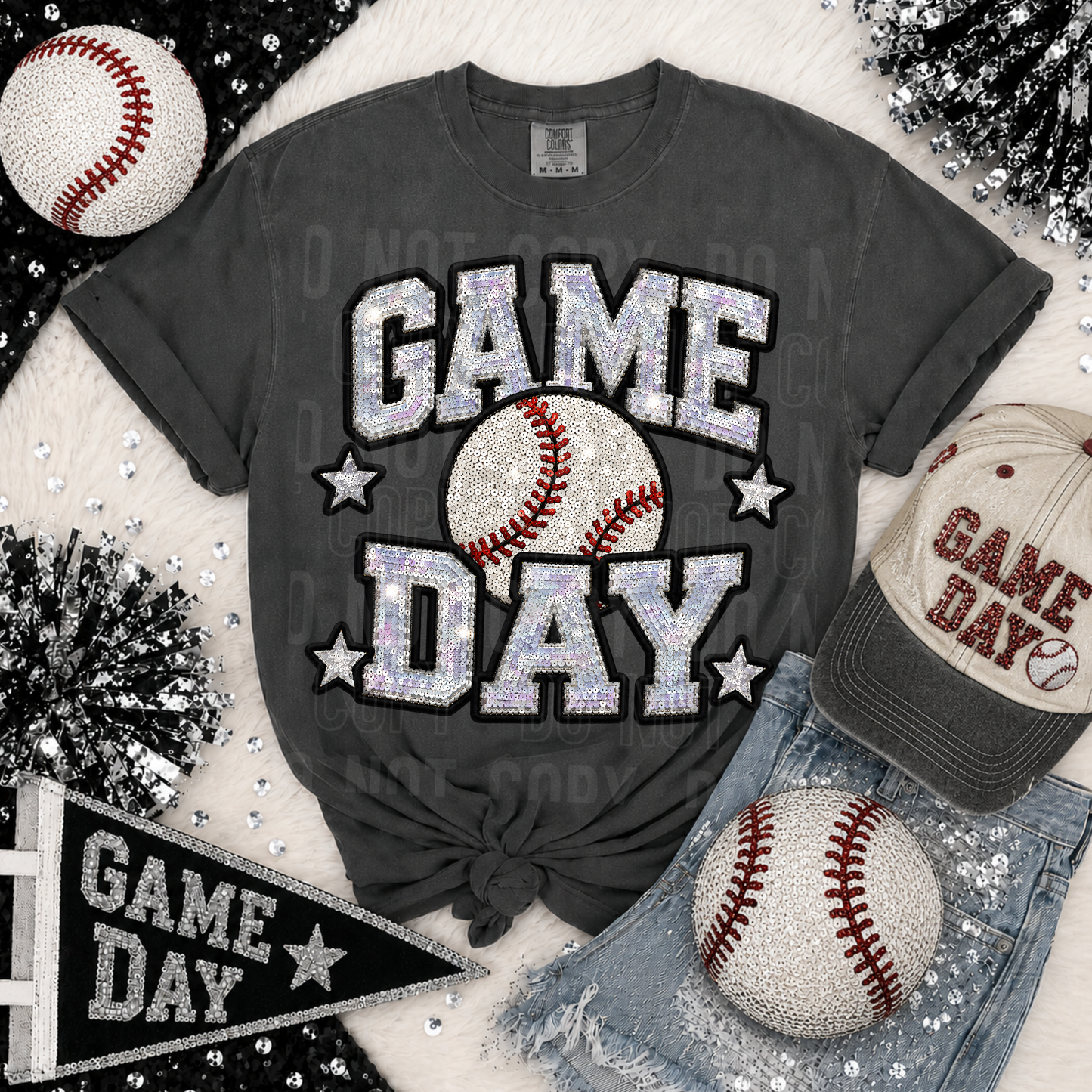 Game Day Baseball Faux Sequin DTF Transfer