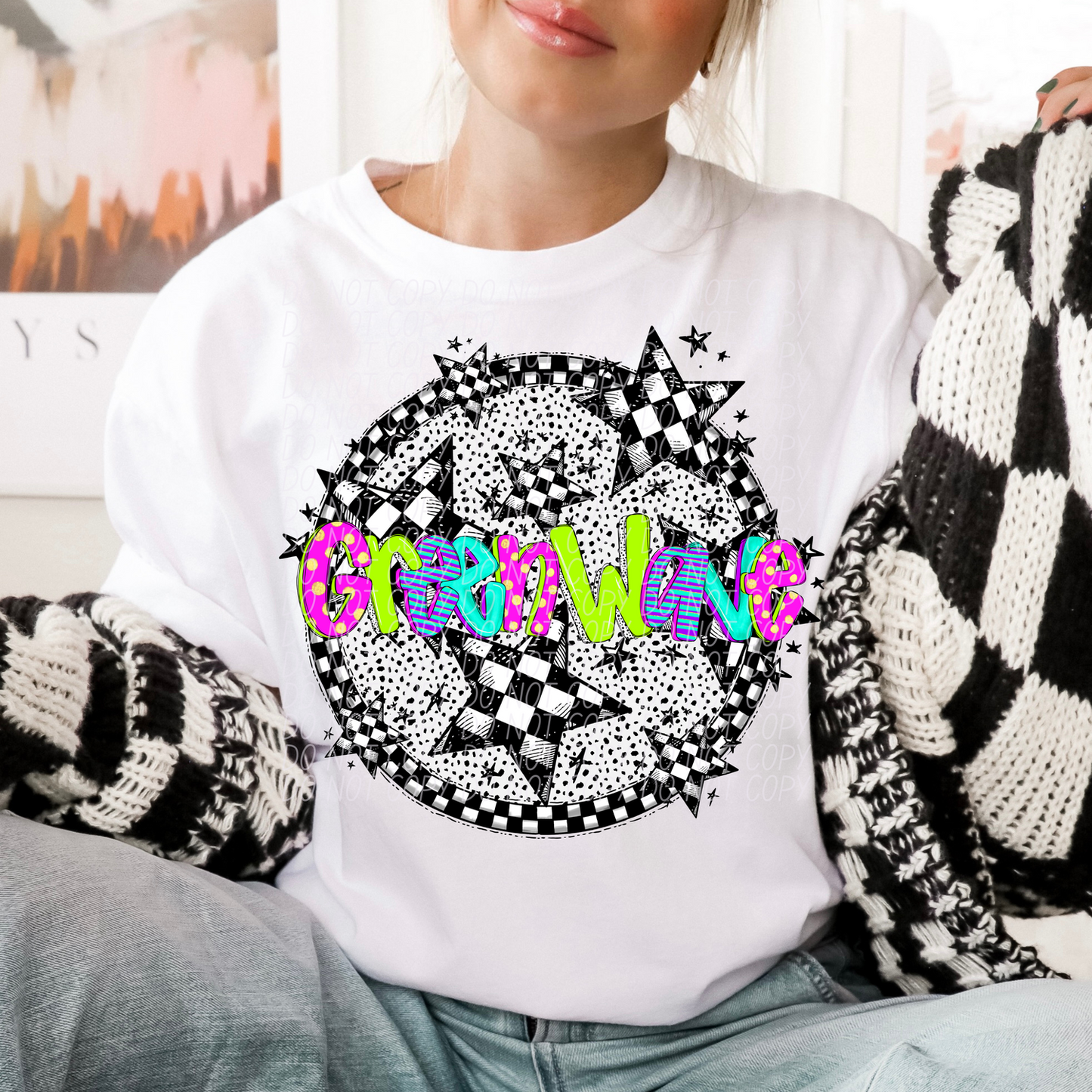 Green Wave Mascot Neon Checker DTF Transfer