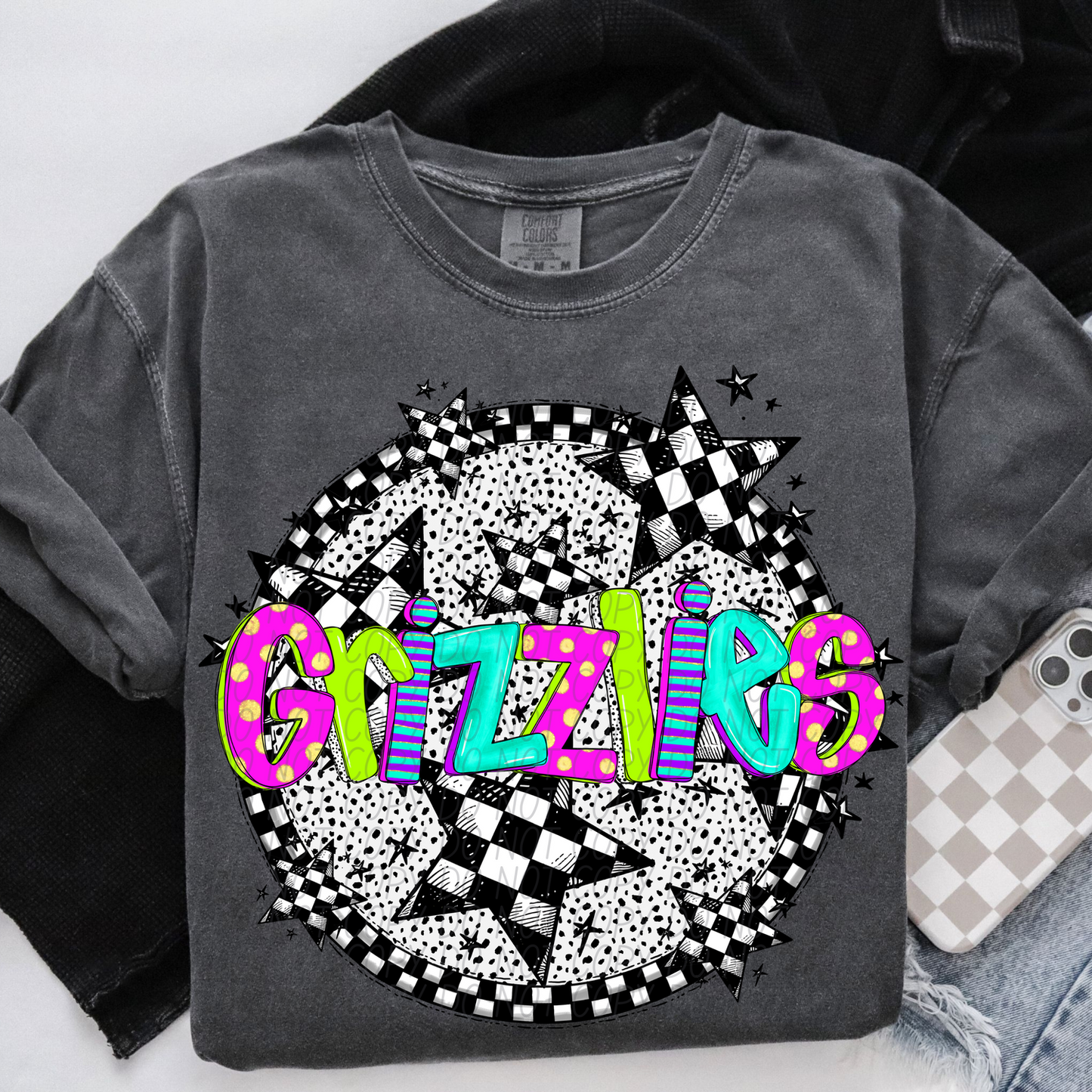 Grizzlies Mascot Neon Checker DTF Transfer