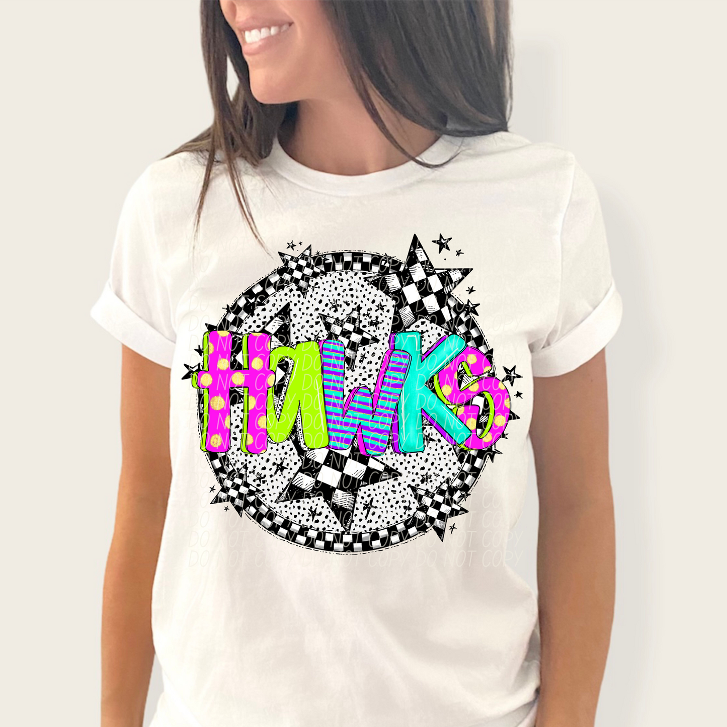 Hawks Mascot Neon Checker DTF Transfer