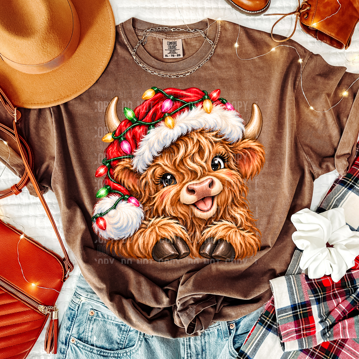 Christmas Highland Cow With Lights DTF Transfer
