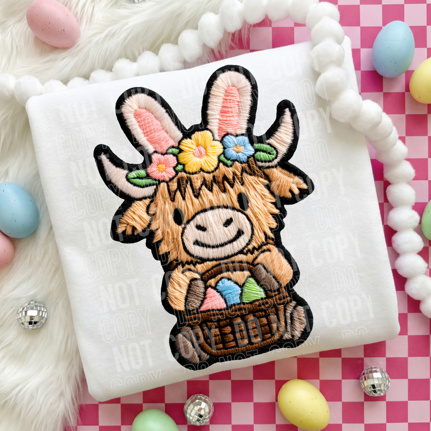 Easter Highland Cow Embroidery Faux DTF Transfer