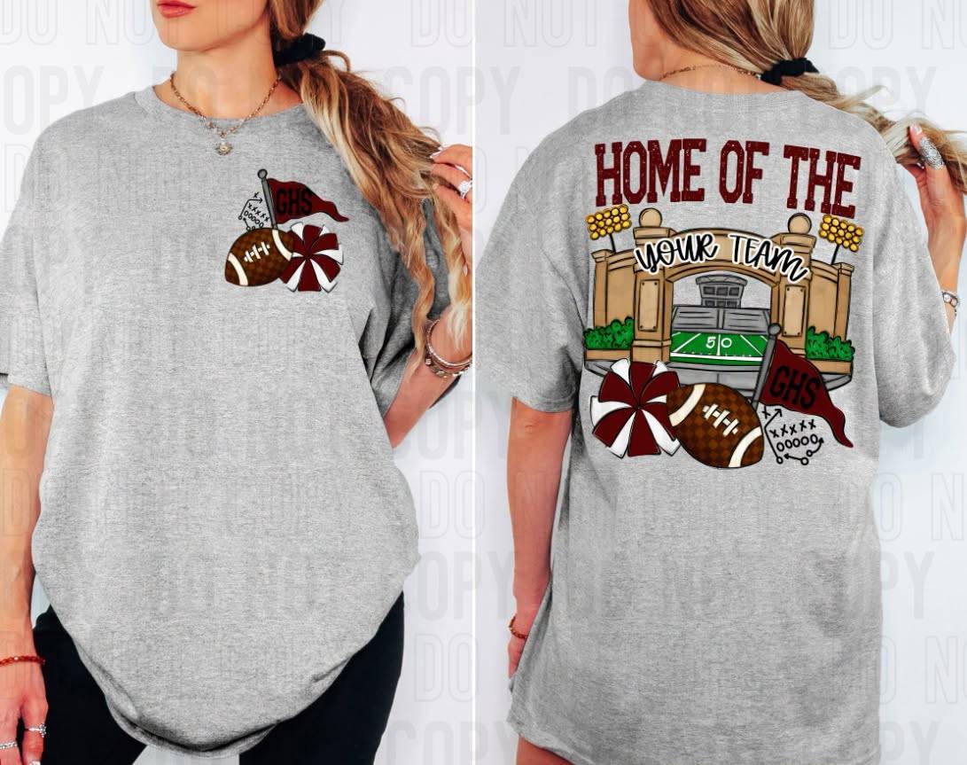 Home Of The Stadiums Football Front Pocket + Back Mascot Name DTF Transfer