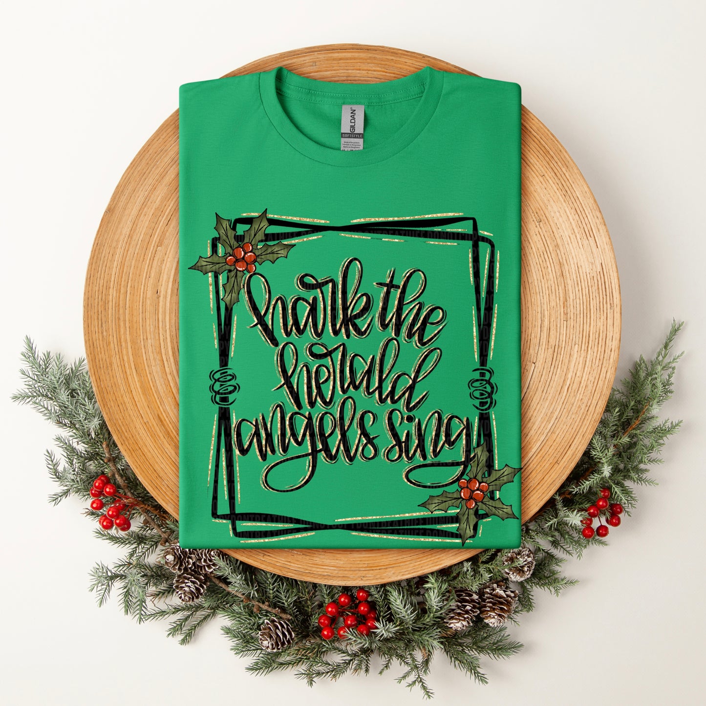 Hark The Herald Angels Sing Holly Leaves DTF Transfer