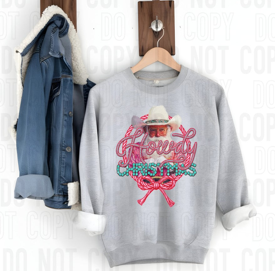 Howdy Christmas Santa Pink & Turquoise DTF Transfer