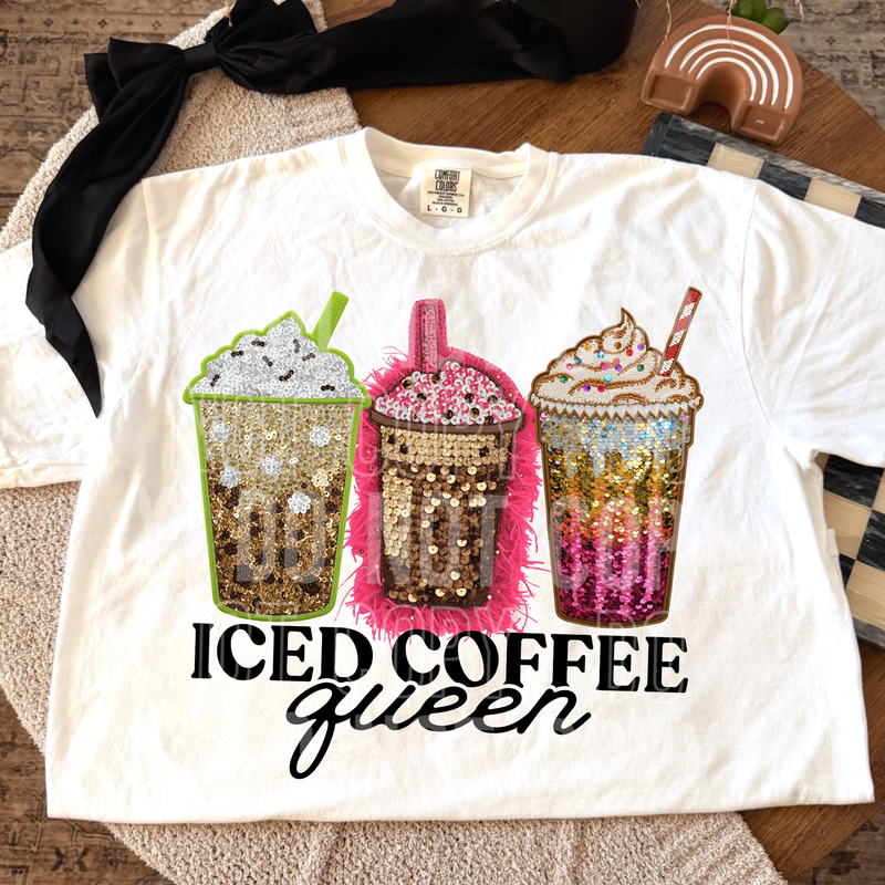 Iced Coffee Queen Sequin Faux DTF Transfer