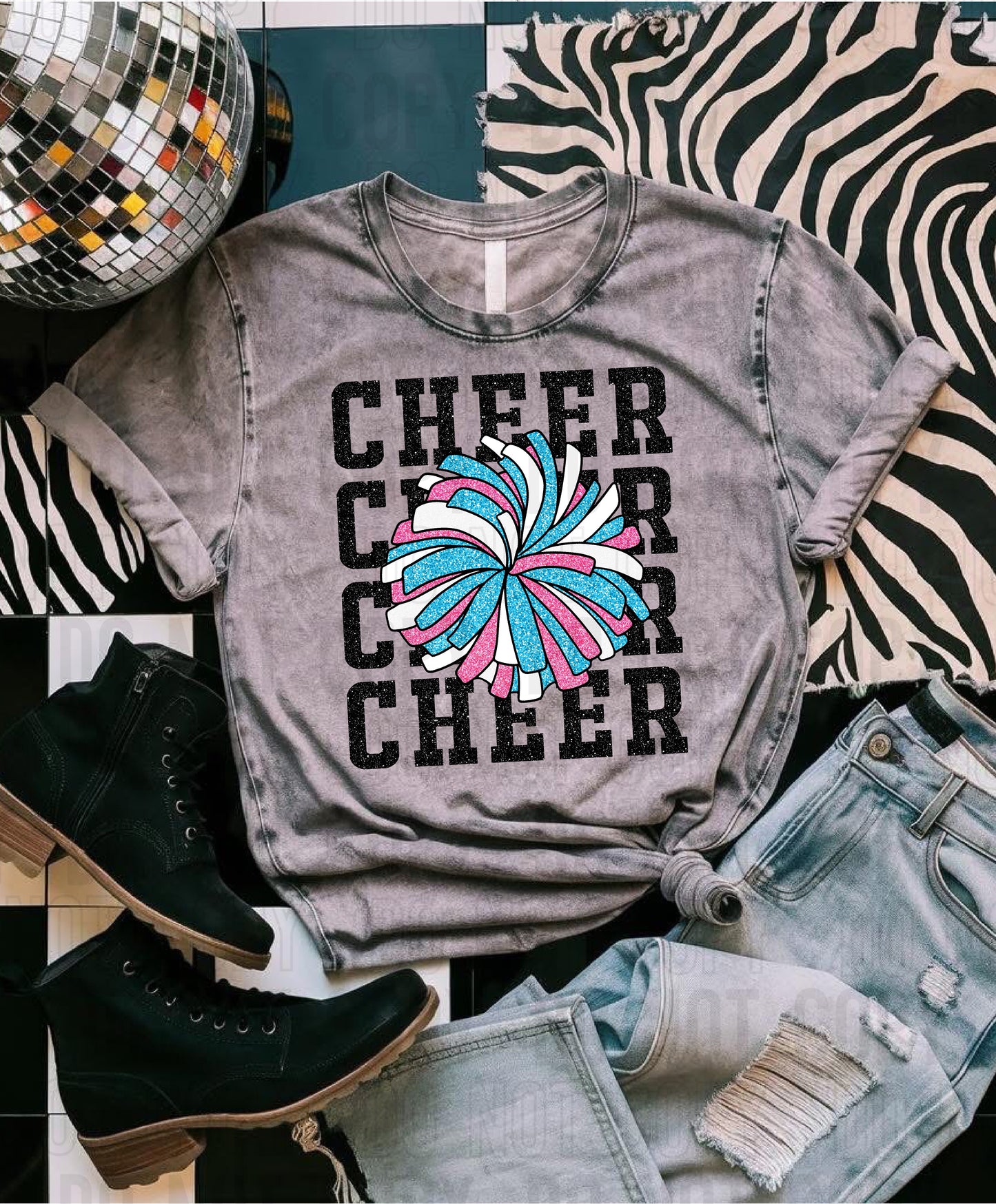 Cheer Black Glittery Stacked DTF Transfer