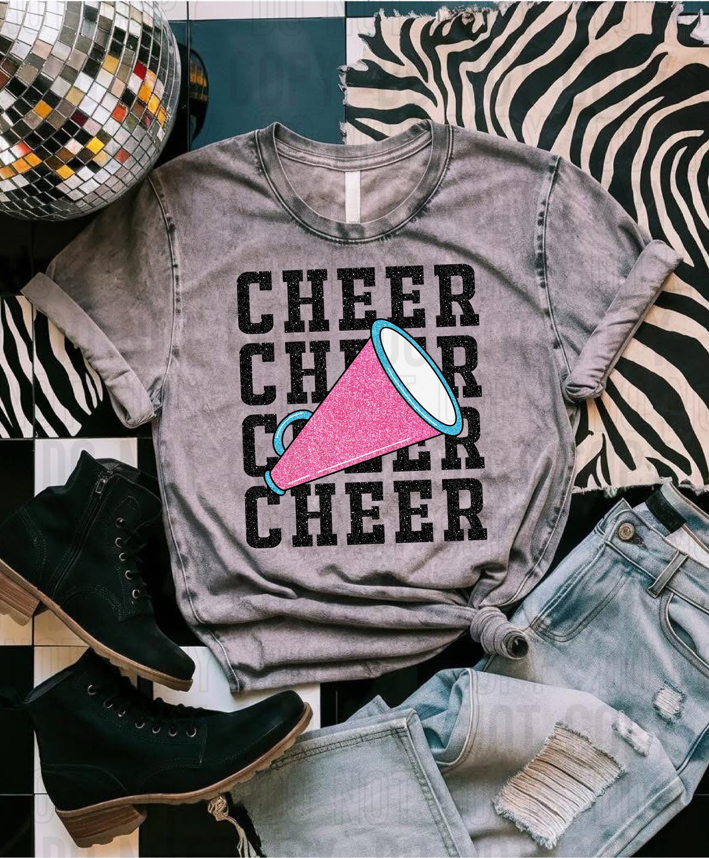 Cheer Black Glittery Stacked Megaphone DTF Transfer