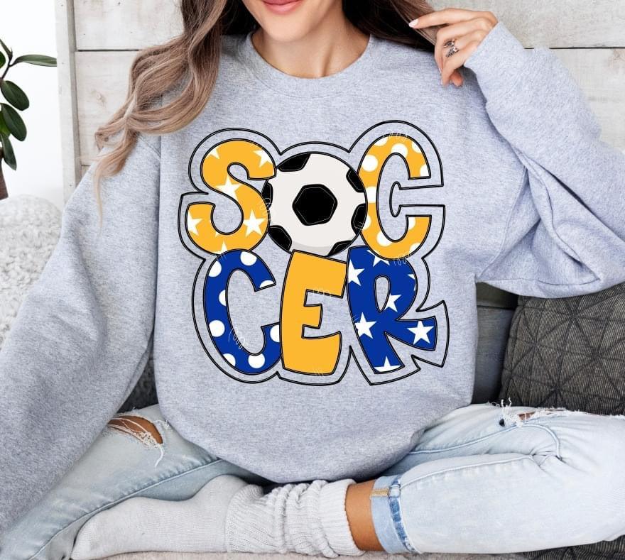 Soccer Doodle Gold Royal Blue DTF Transfer
