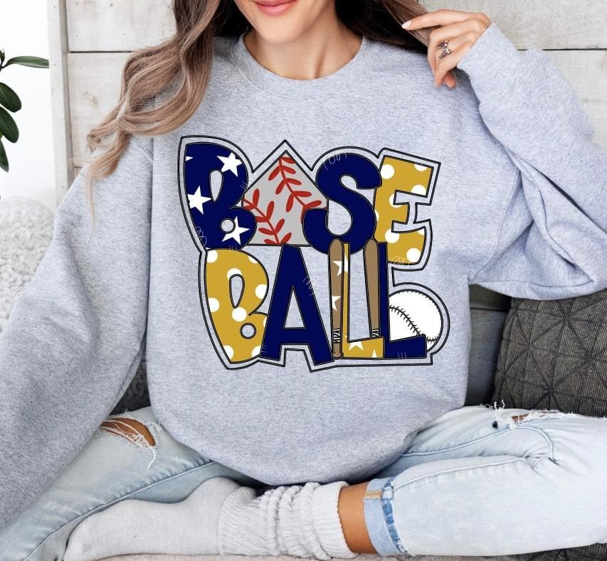 Baseball Doodle Navy Vegas Gold DTF Transfer