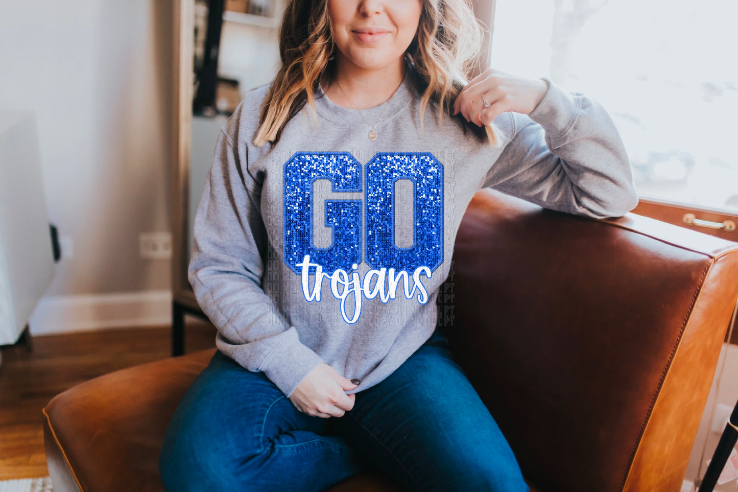 Go Trojans Royal Blue Sequined Faux Embroidery DTF Transfer